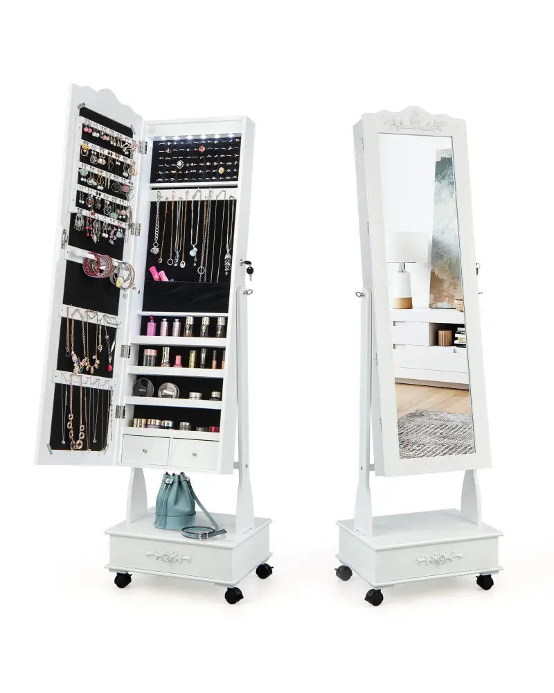 Rolling Floor Standing Mirrored Jewelry Armoire with Lock and Drawers-White - White - Jewelry Armoires