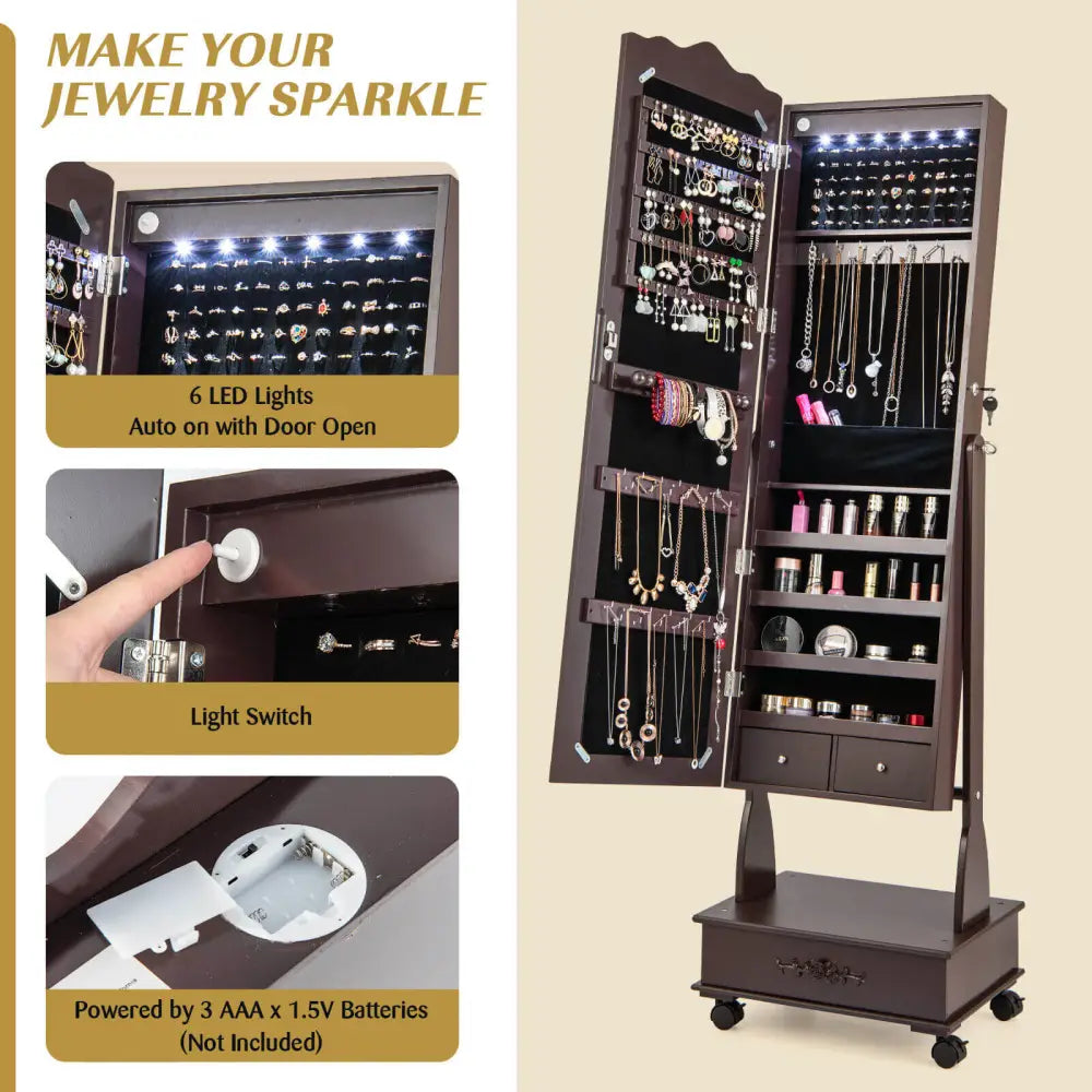Rolling Floor Standing Mirrored Jewelry Armoire with Lock and Drawers-Brown - Brown - Jewelry Armoires