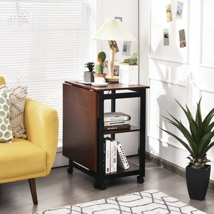 Rolling Folding Computer Desk with Storage Shelves - Brown - Writing Desks
