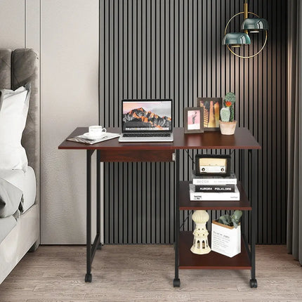 Rolling Folding Computer Desk with Storage Shelves - Brown - Writing Desks