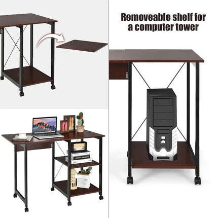 Rolling Folding Computer Desk with Storage Shelves - Brown - Writing Desks