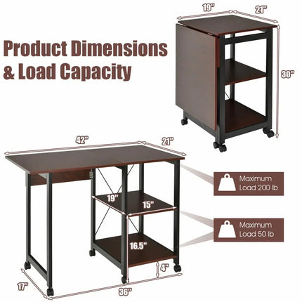 Rolling Folding Computer Desk with Storage Shelves - Brown - Writing Desks