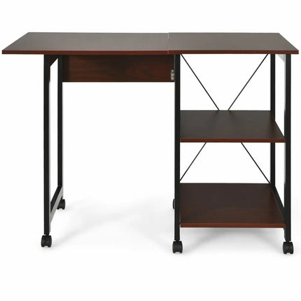 Rolling Folding Computer Desk with Storage Shelves - Brown - Writing Desks
