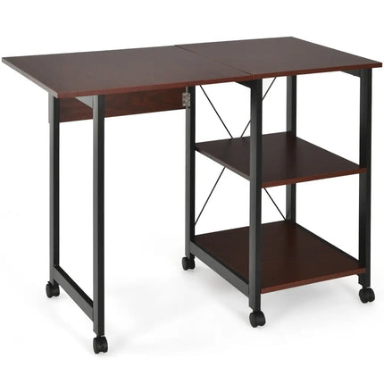 Rolling Folding Computer Desk with Storage Shelves - Brown - Writing Desks