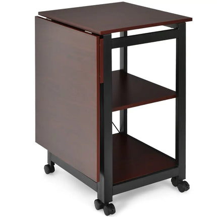 Rolling Folding Computer Desk with Storage Shelves - Brown - Writing Desks
