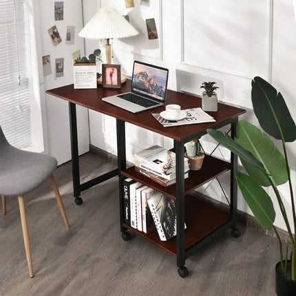 Rolling Folding Computer Desk with Storage Shelves - Brown - Writing Desks