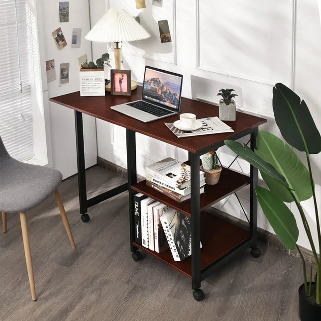 Rolling Folding Computer Desk with Storage Shelves - Brown - Writing Desks