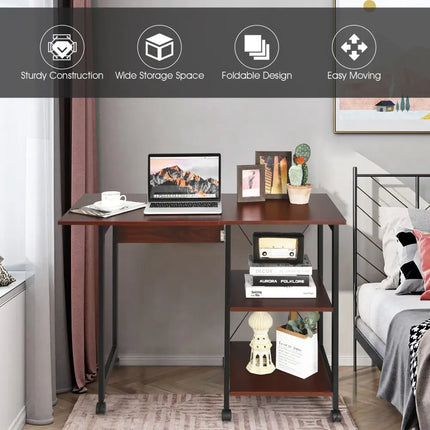 Rolling Folding Computer Desk with Storage Shelves - Brown - Writing Desks