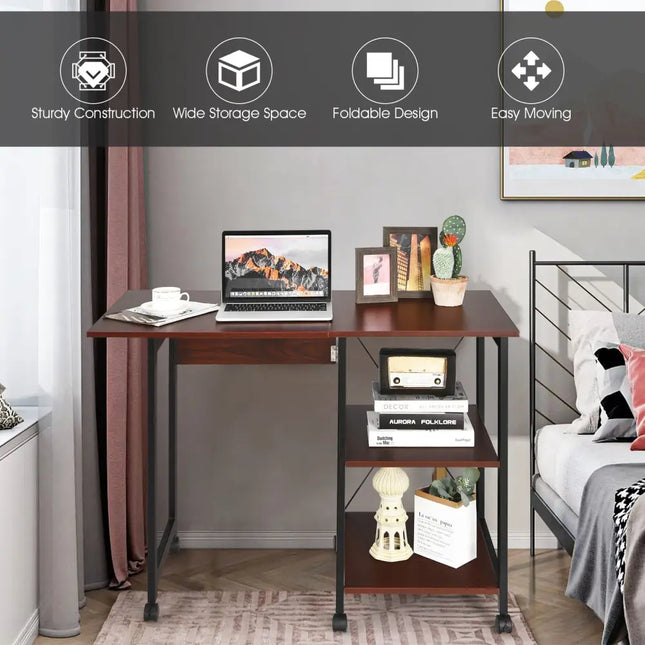 Rolling Folding Computer Desk with Storage Shelves - Brown - Writing Desks