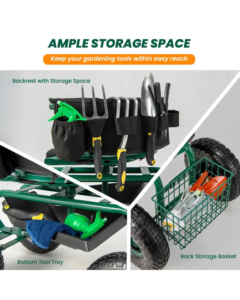 Rolling Garden Cart with Height Adjustable Swivel Seat and Storage Basket-Green - Green - Garden Carts