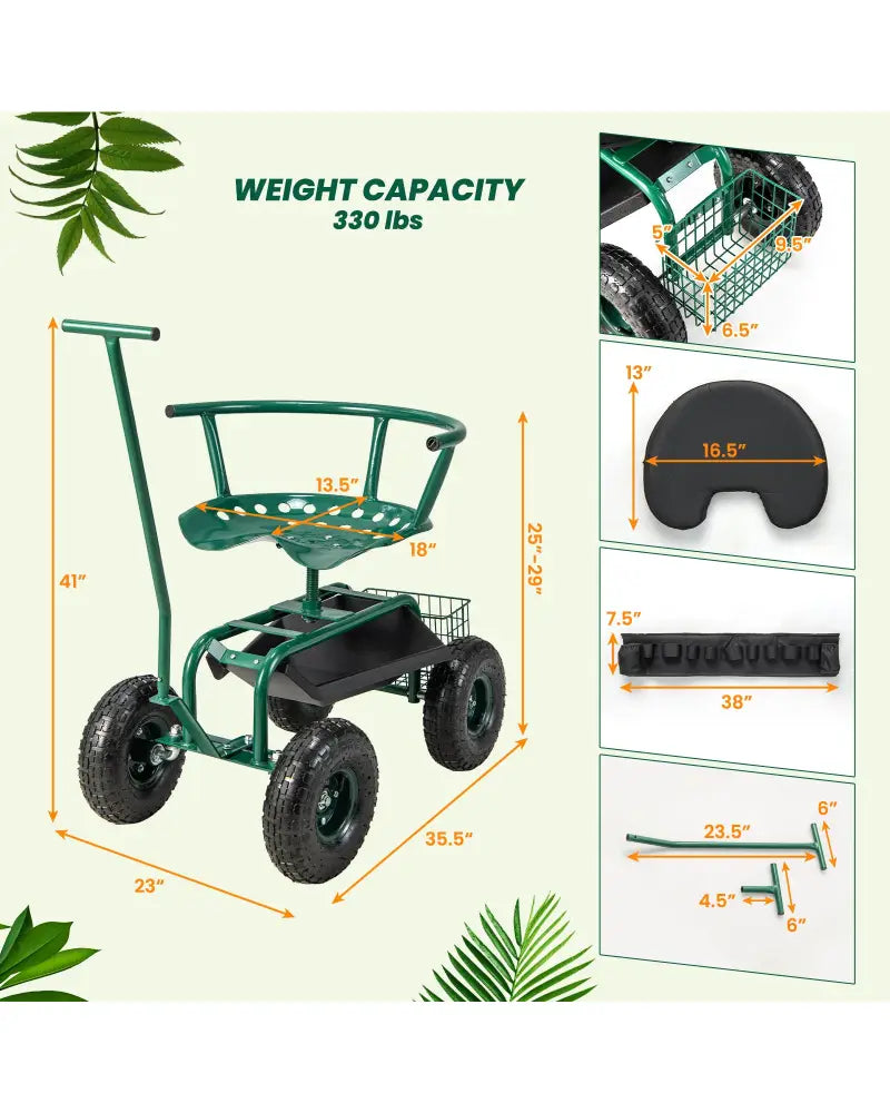 Rolling Garden Cart with Height Adjustable Swivel Seat and Storage Basket-Green - Green - Garden Carts