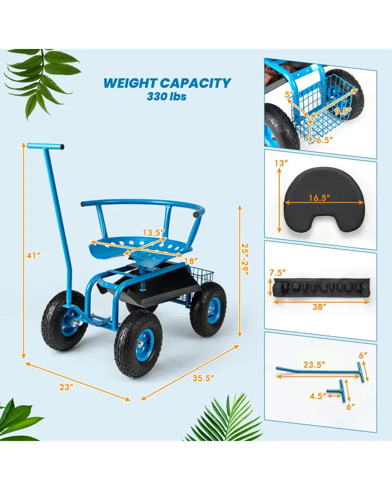 Rolling Garden Cart with Height Adjustable Swivel Seat and Storage Basket-Blue - Blue - Garden Carts