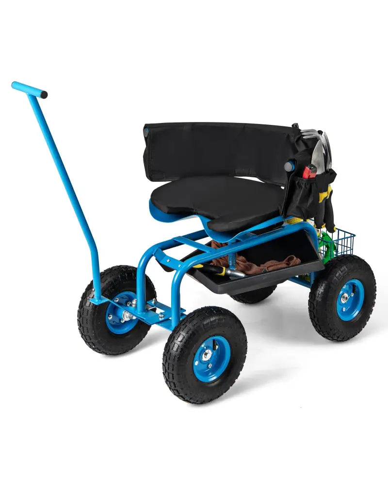 Rolling Garden Cart with Height Adjustable Swivel Seat and Storage Basket-Blue - Blue - Garden Carts