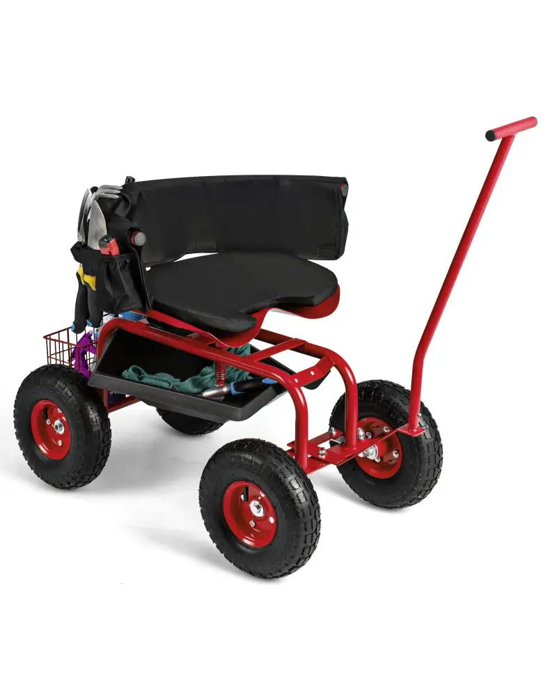 Rolling Garden Cart with Height Adjustable Swivel Seat and Storage Basket-Red - Red - Garden Carts