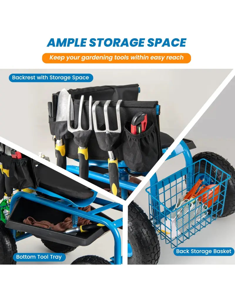 Rolling Garden Cart with Height Adjustable Swivel Seat and Storage Basket-Blue - Blue - Garden Carts