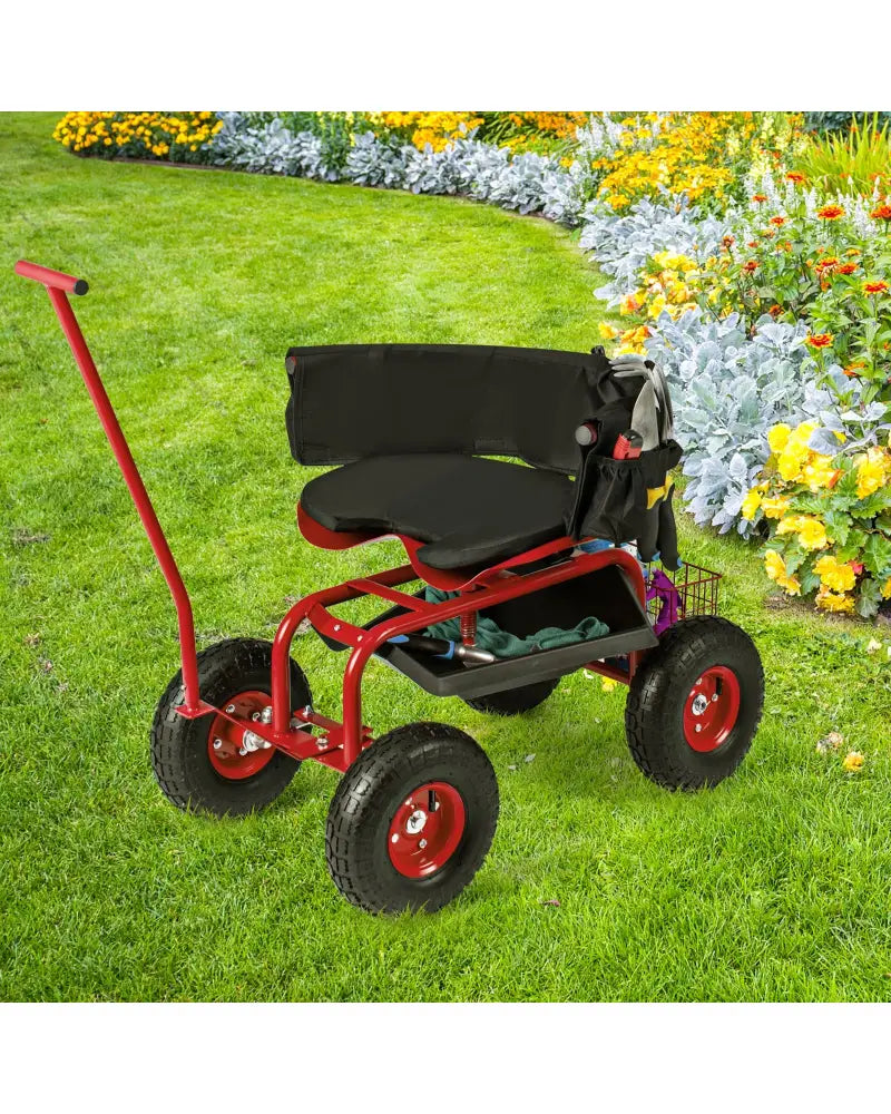 Rolling Garden Cart with Height Adjustable Swivel Seat and Storage Basket-Red - Red - Garden Carts