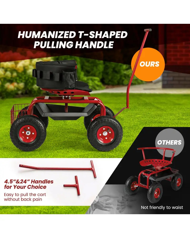 Rolling Garden Cart with Height Adjustable Swivel Seat and Storage Basket-Red - Red - Garden Carts