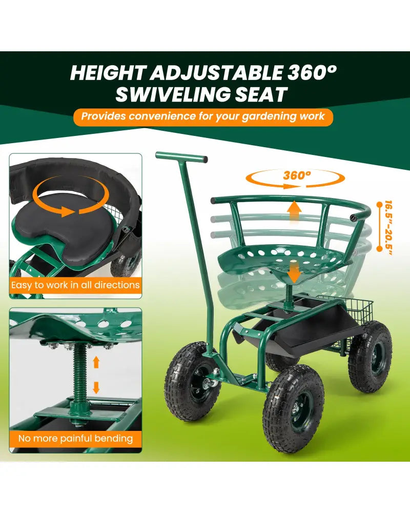 Rolling Garden Cart with Height Adjustable Swivel Seat and Storage Basket-Green - Green - Garden Carts