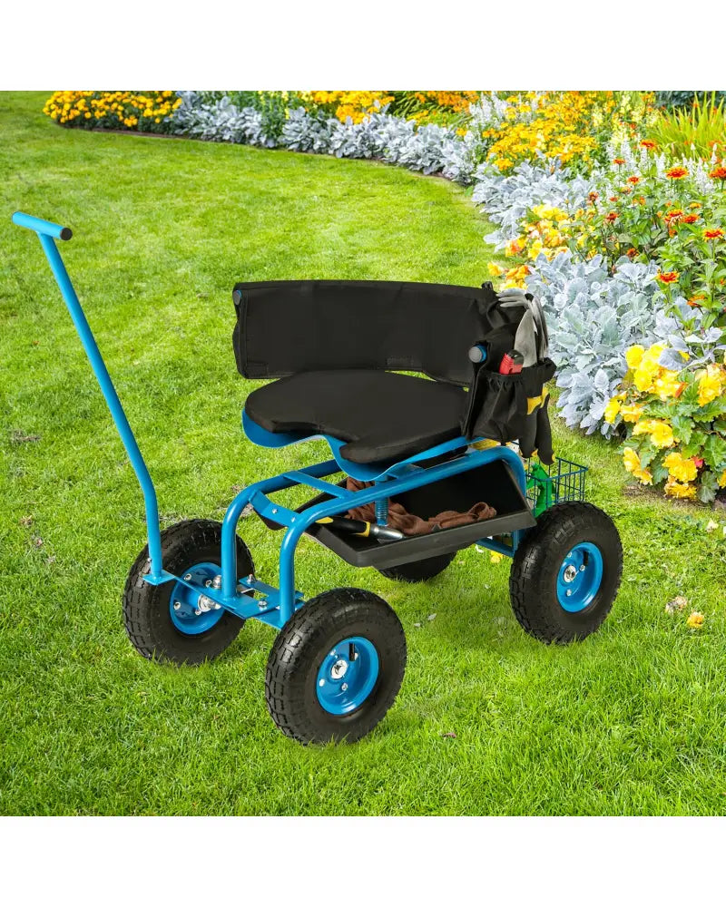 Rolling Garden Cart with Height Adjustable Swivel Seat and Storage Basket-Blue - Blue - Garden Carts