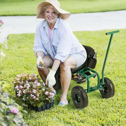 Rolling Garden Cart with Height Adjustable Swivel Seat and Storage Basket-Green - Green - Garden Carts
