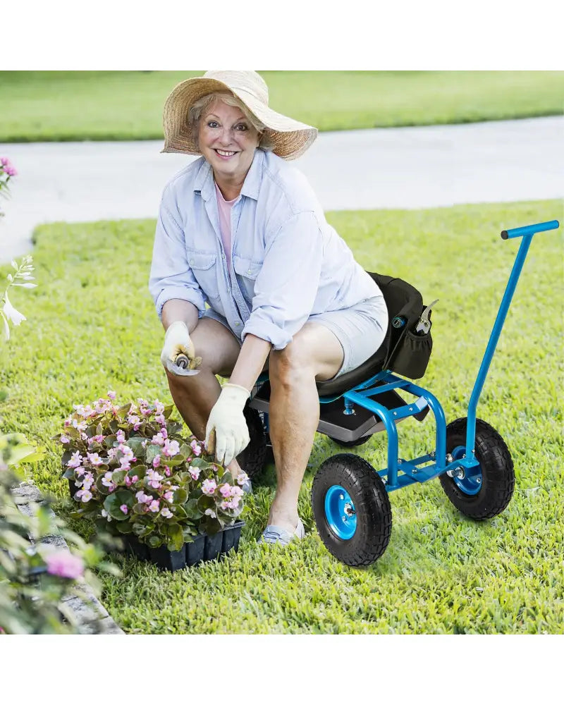 Rolling Garden Cart with Height Adjustable Swivel Seat and Storage Basket-Blue - Blue - Garden Carts