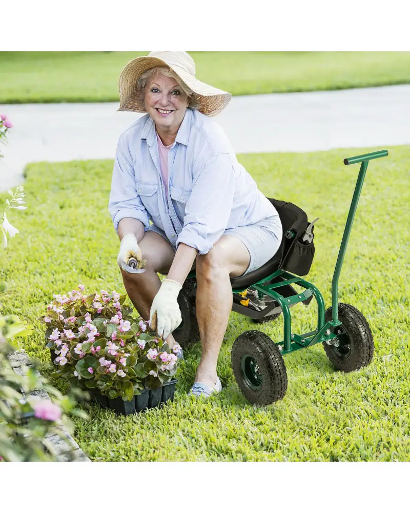 Rolling Garden Cart with Height Adjustable Swivel Seat and Storage Basket-Green - Green - Garden Carts
