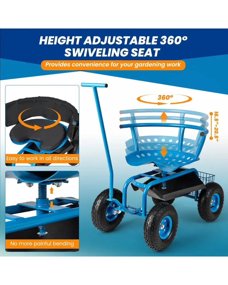 Rolling Garden Cart with Height Adjustable Swivel Seat and Storage Basket-Blue - Blue - Garden Carts