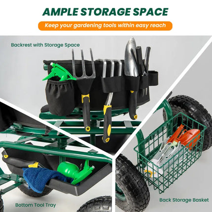 Rolling Garden Cart with Height Adjustable Swivel Seat and Storage Basket-Green - Green - Garden Carts