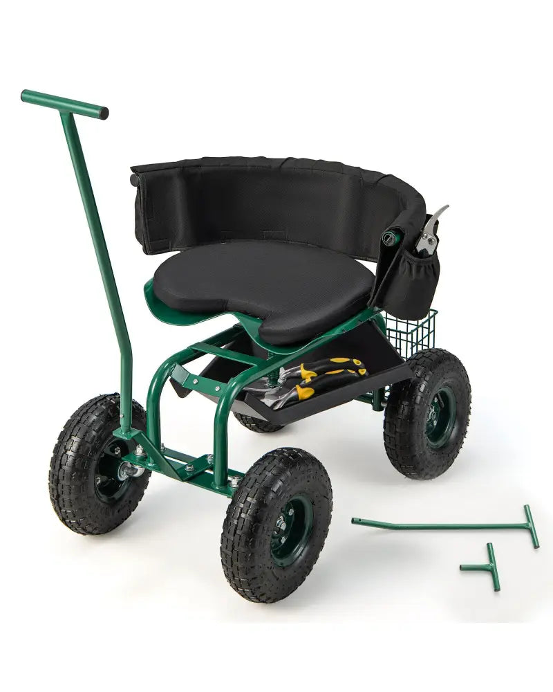 Rolling Garden Cart with Height Adjustable Swivel Seat and Storage Basket-Green - Green - Garden Carts
