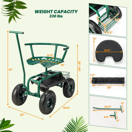 Rolling Garden Cart with Height Adjustable Swivel Seat and Storage Basket-Green - Green - Garden Carts