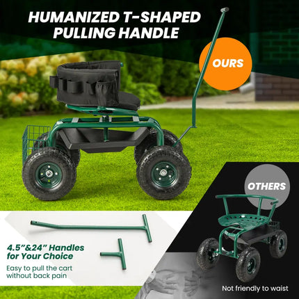 Rolling Garden Cart with Height Adjustable Swivel Seat and Storage Basket-Green - Green - Garden Carts