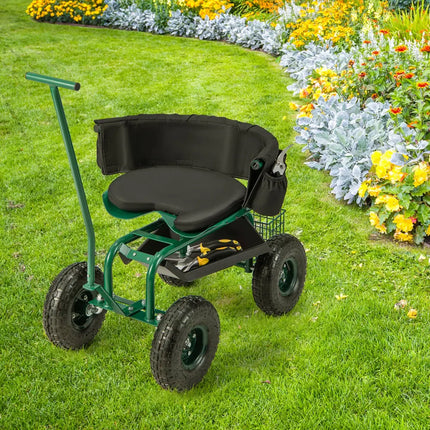 Rolling Garden Cart with Height Adjustable Swivel Seat and Storage Basket-Green - Green - Garden Carts
