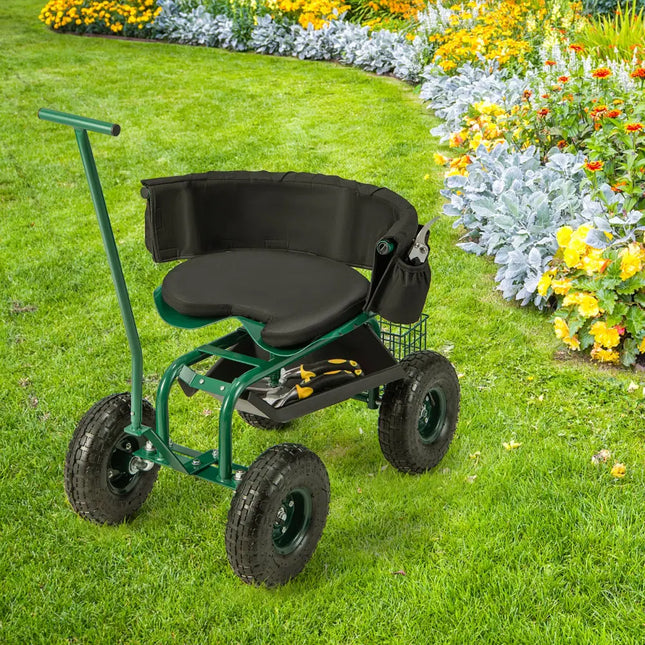 Rolling Garden Cart with Height Adjustable Swivel Seat and Storage Basket-Green - Green - Garden Carts