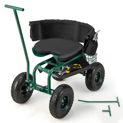 Rolling Garden Cart with Height Adjustable Swivel Seat and Storage Basket-Green - Green - Garden Carts