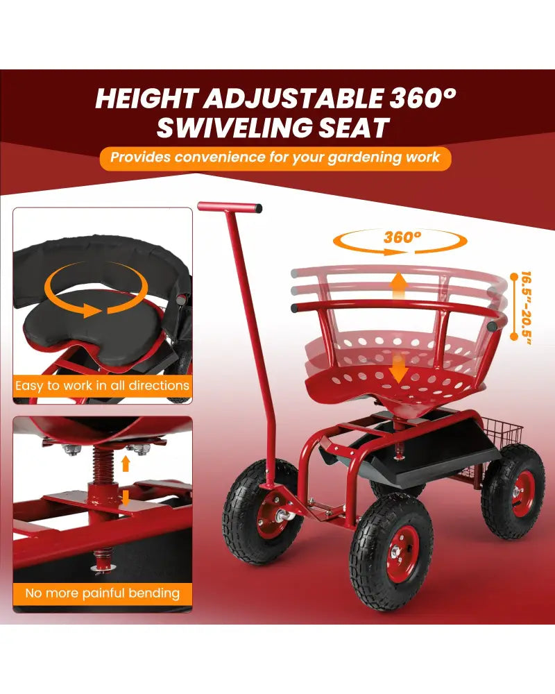 Rolling Garden Cart with Height Adjustable Swivel Seat and Storage Basket-Red - Red - Garden Carts