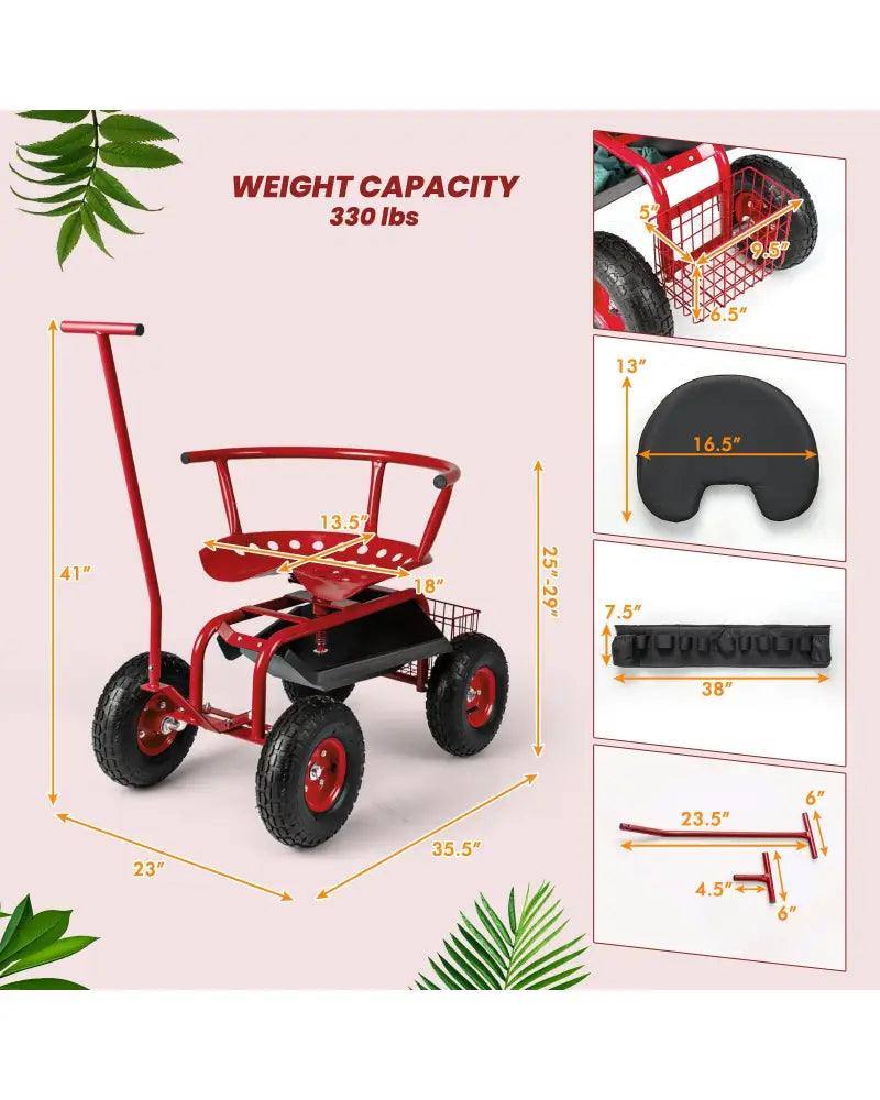 Rolling Garden Cart with Height Adjustable Swivel Seat and Storage Basket-Red - Red - Garden Carts