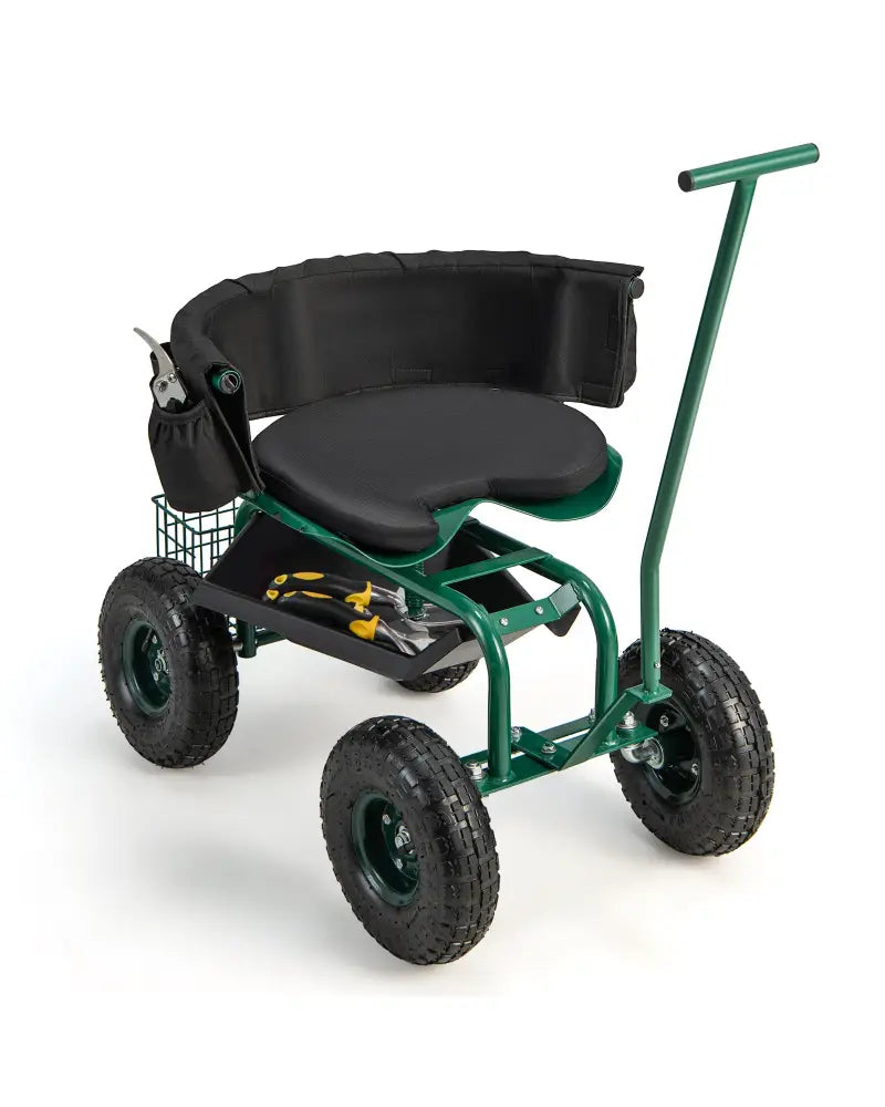 Rolling Garden Cart with Height Adjustable Swivel Seat and Storage Basket-Green - Green - Garden Carts