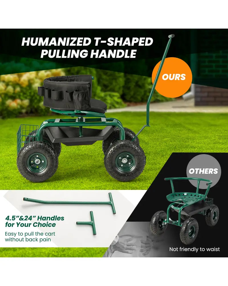 Rolling Garden Cart with Height Adjustable Swivel Seat and Storage Basket-Green - Green - Garden Carts