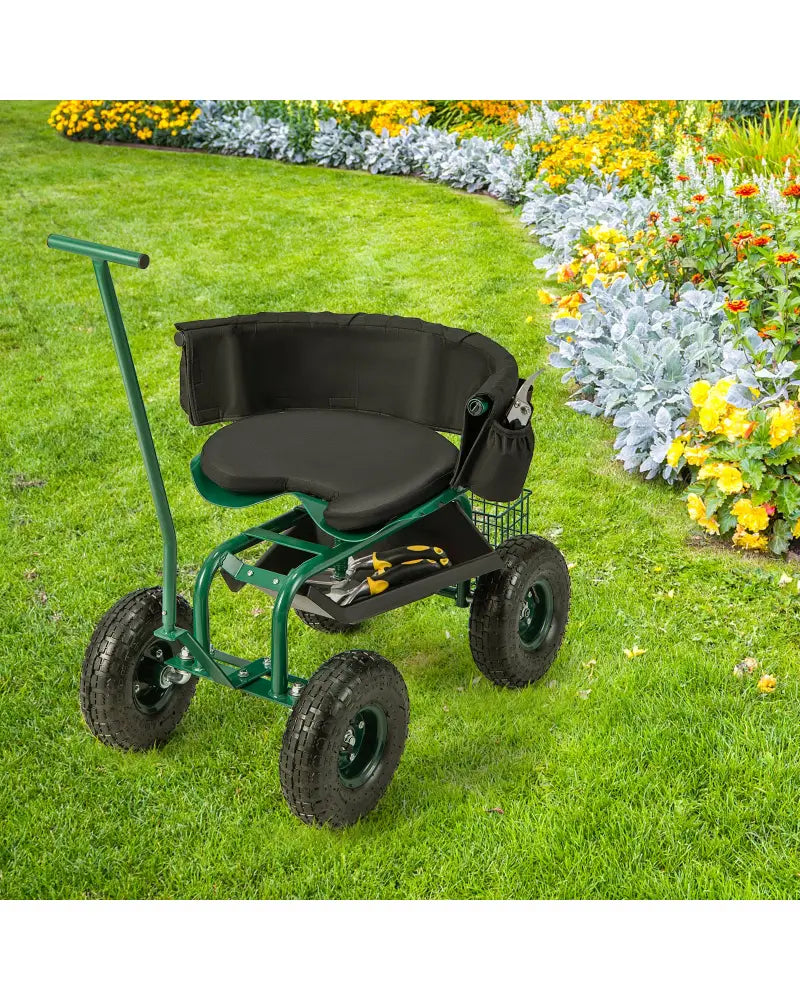 Rolling Garden Cart with Height Adjustable Swivel Seat and Storage Basket-Green - Green - Garden Carts