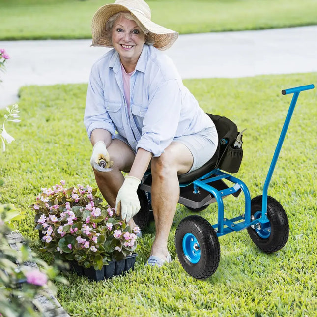 Rolling Garden Cart with Height Adjustable Swivel Seat and Storage Basket-Blue - Blue - Garden Carts