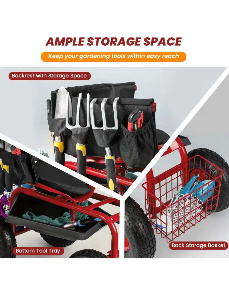 Rolling Garden Cart with Height Adjustable Swivel Seat and Storage Basket-Red - Red - Garden Carts