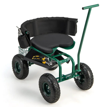 Rolling Garden Cart with Height Adjustable Swivel Seat and Storage Basket-Green - Green - Garden Carts