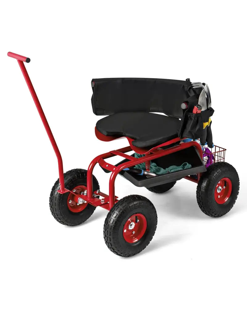 Rolling Garden Cart with Height Adjustable Swivel Seat and Storage Basket-Red - Red - Garden Carts