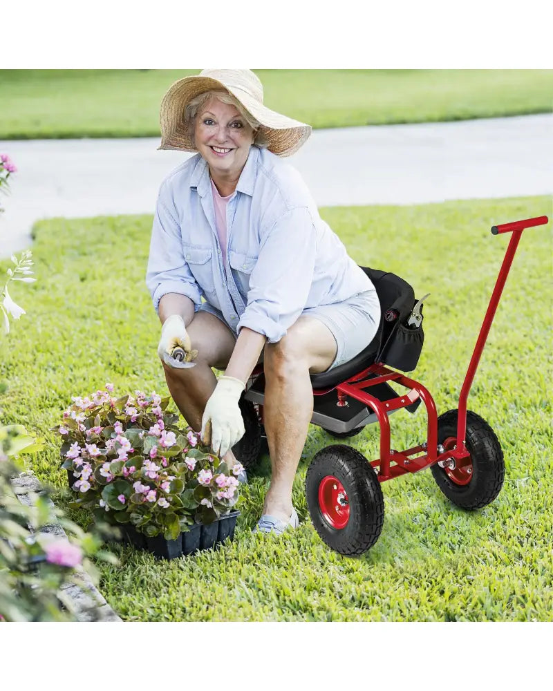 Rolling Garden Cart with Height Adjustable Swivel Seat and Storage Basket-Red - Red - Garden Carts