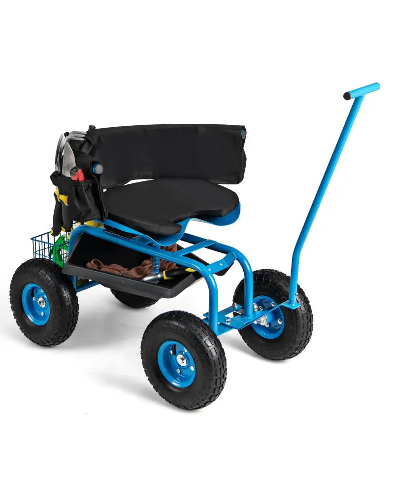 Rolling Garden Cart with Height Adjustable Swivel Seat and Storage Basket-Blue - Blue - Garden Carts