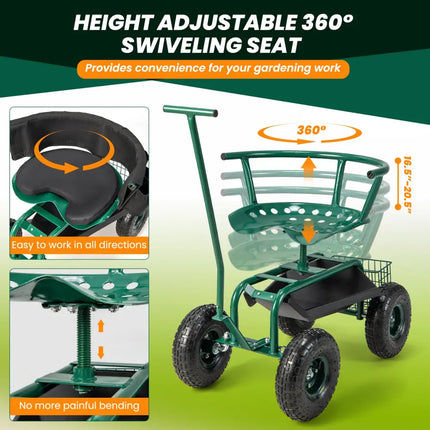 Rolling Garden Cart with Height Adjustable Swivel Seat and Storage Basket-Green - Green - Garden Carts