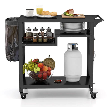 Rolling Grill Cart 3-Shelf BBQ Cart with Hooks and Side Handle-Black - Black - Outdoor Grills