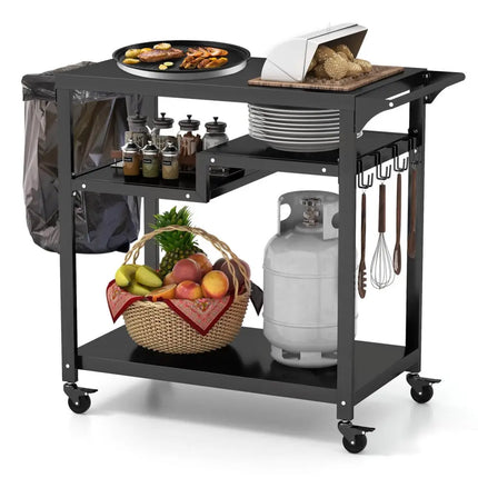 Rolling Grill Cart 3-Shelf BBQ Cart with Hooks and Side Handle-Black - Black - Outdoor Grills