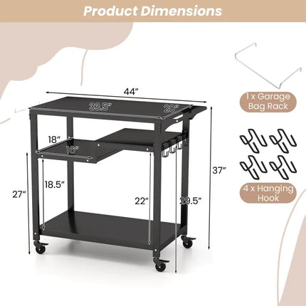 Rolling Grill Cart 3-Shelf BBQ Cart with Hooks and Side Handle-Black - Black - Outdoor Grills