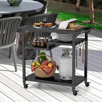 Rolling Grill Cart 3-Shelf BBQ Cart with Hooks and Side Handle-Black - Black - Outdoor Grills